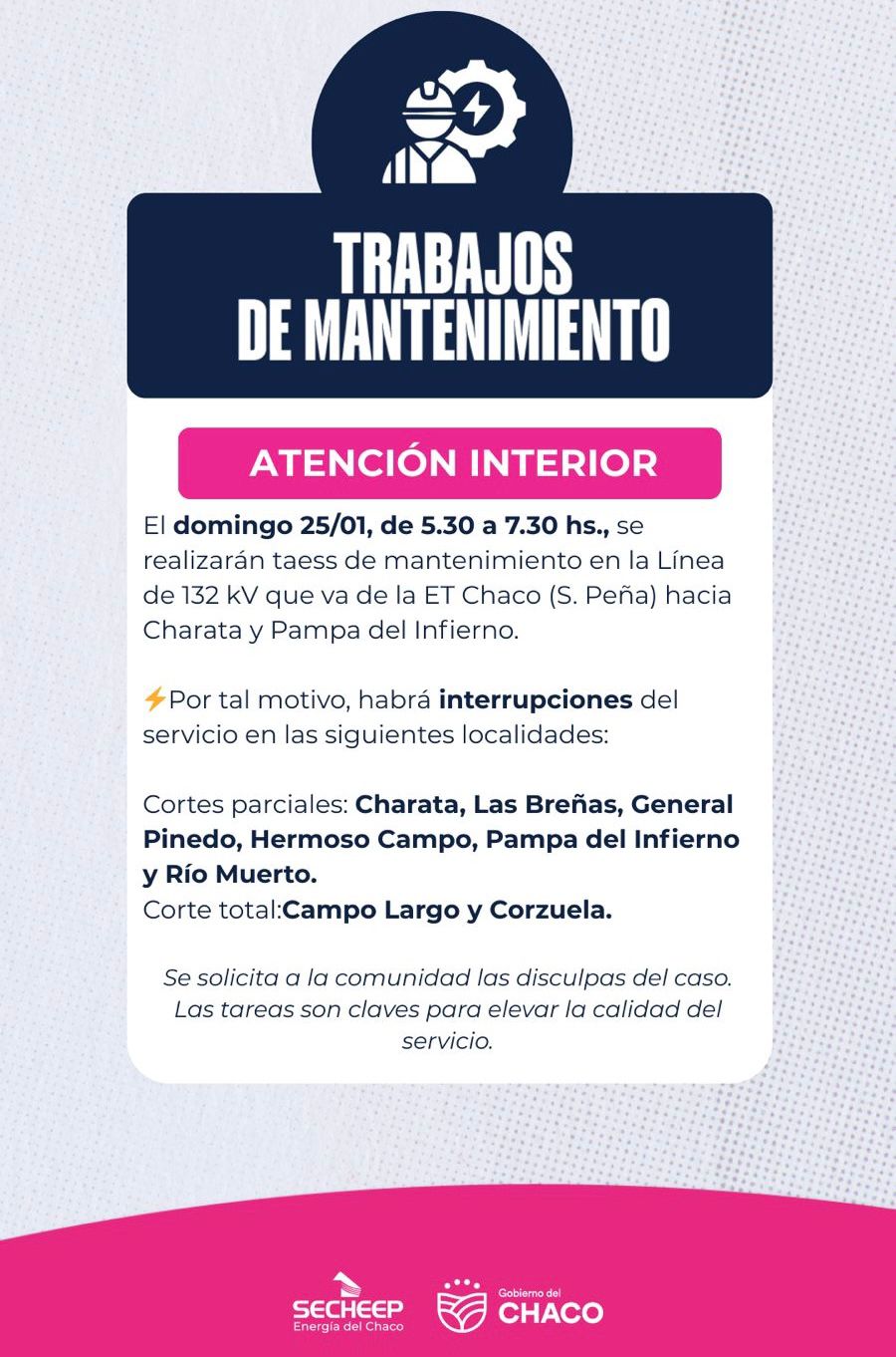 ESTE DOMINGO: SECHEEP REALIZARÁ TRABAJOS DE MANTENIMIENTO EN LÍNEA DE ALTA TENSIÓN