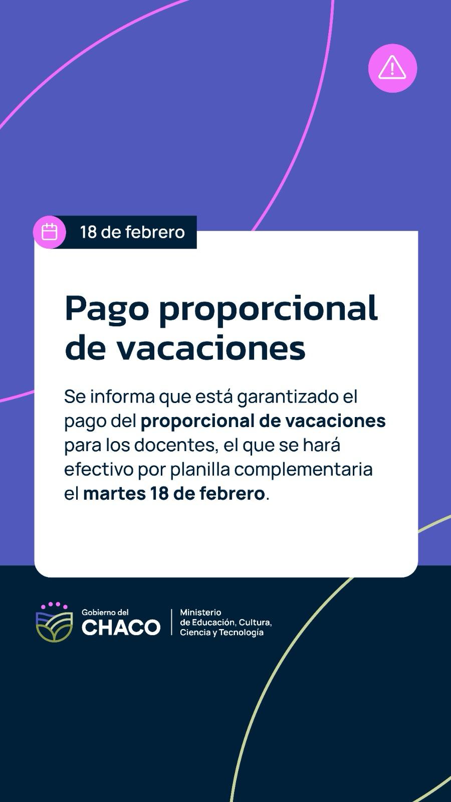 EDUCACIÓN CONFIRMA EL PAGO DEL PROPORCIONAL DE VACACIONES