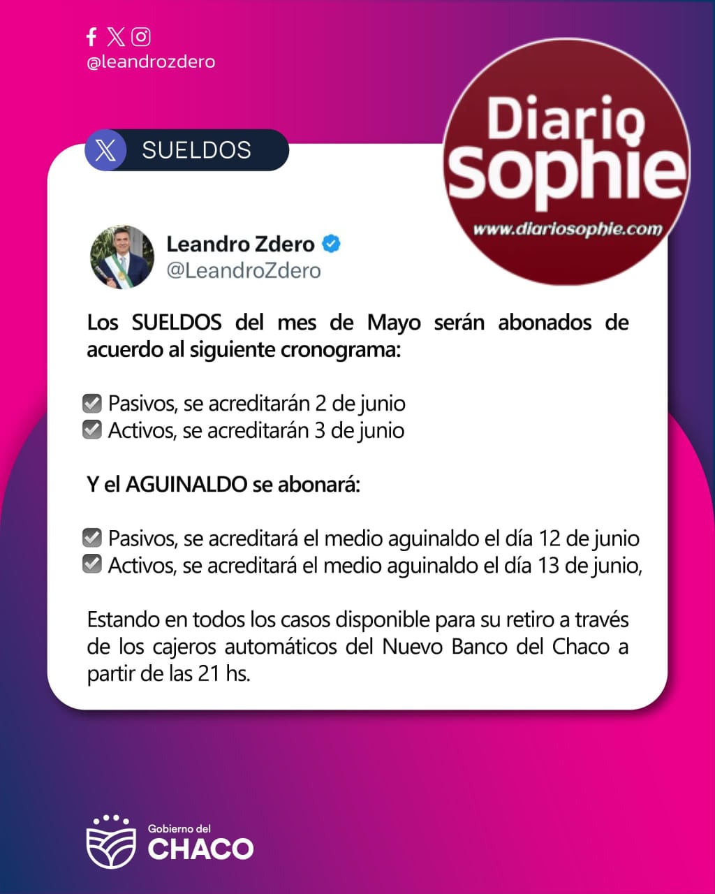 EL GOBERNADOR ZDERO ANUNCIÓ EL CRONOGRAMA DE SUELDOS Y EL AGUINALDO PARA LA ADMINISTRACIÓN PÚBLICA