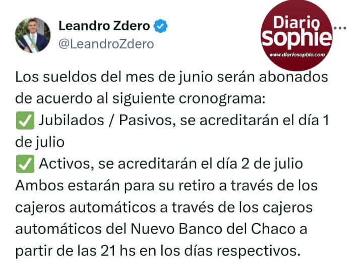 CRONOGRAMA DE PAGOS DE SUELDOS DE JUNIO PARA LA ADMINISTRACIÓN PÚBLICA PROVINCIAL