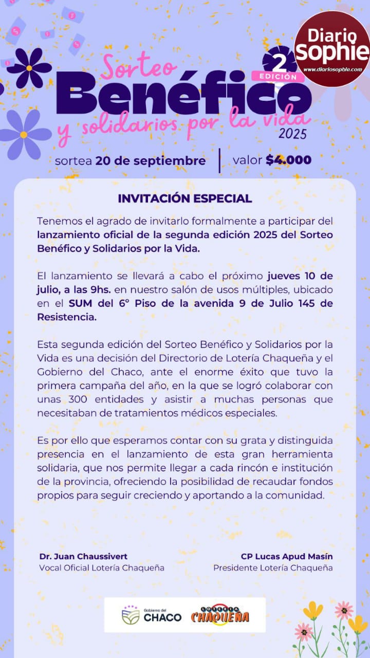 LOTERÍA CHAQUEÑA: SORTEO BENÉFICO Y SOLIDARIOS POR LA VIDA
