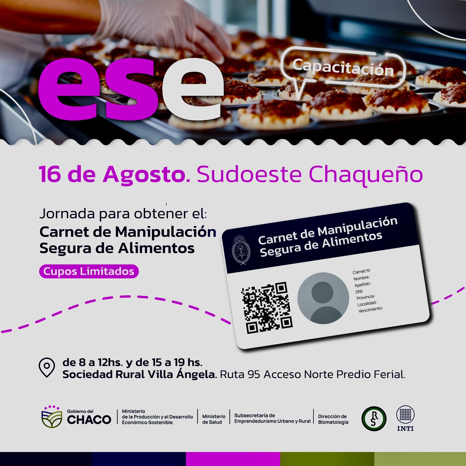 -Capacitación para Emprendedores-   EL VIERNES 16 DE AGOSTO, SE DICTARÁ CURSO DE MANIPULACIÓN SEGURA DE ALIMENTOS EN VILLA ÁNGELA