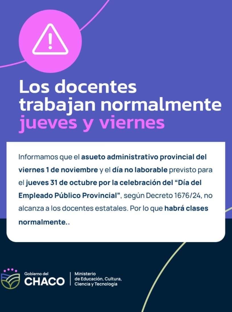 EDUCACIÓN: LOS DOCENTES TRABAJAN NORMALMENTE JUEVES Y VIERNES