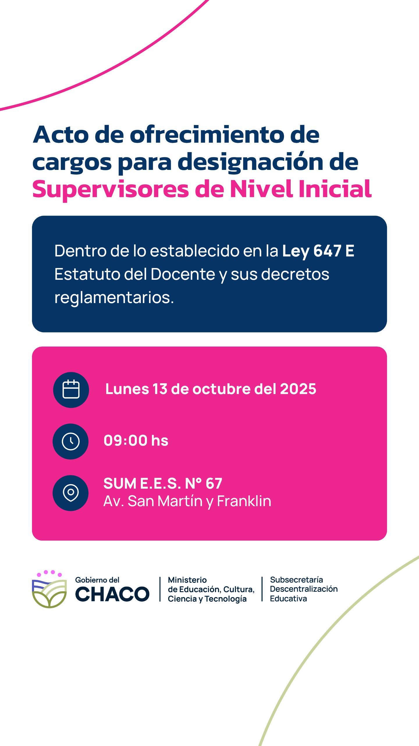 EDUCACIÓN: EL LUNES 13, HABRÁ ACTOS DE DESIGNACIÓN DE CARGOS DE SUPERVISORES