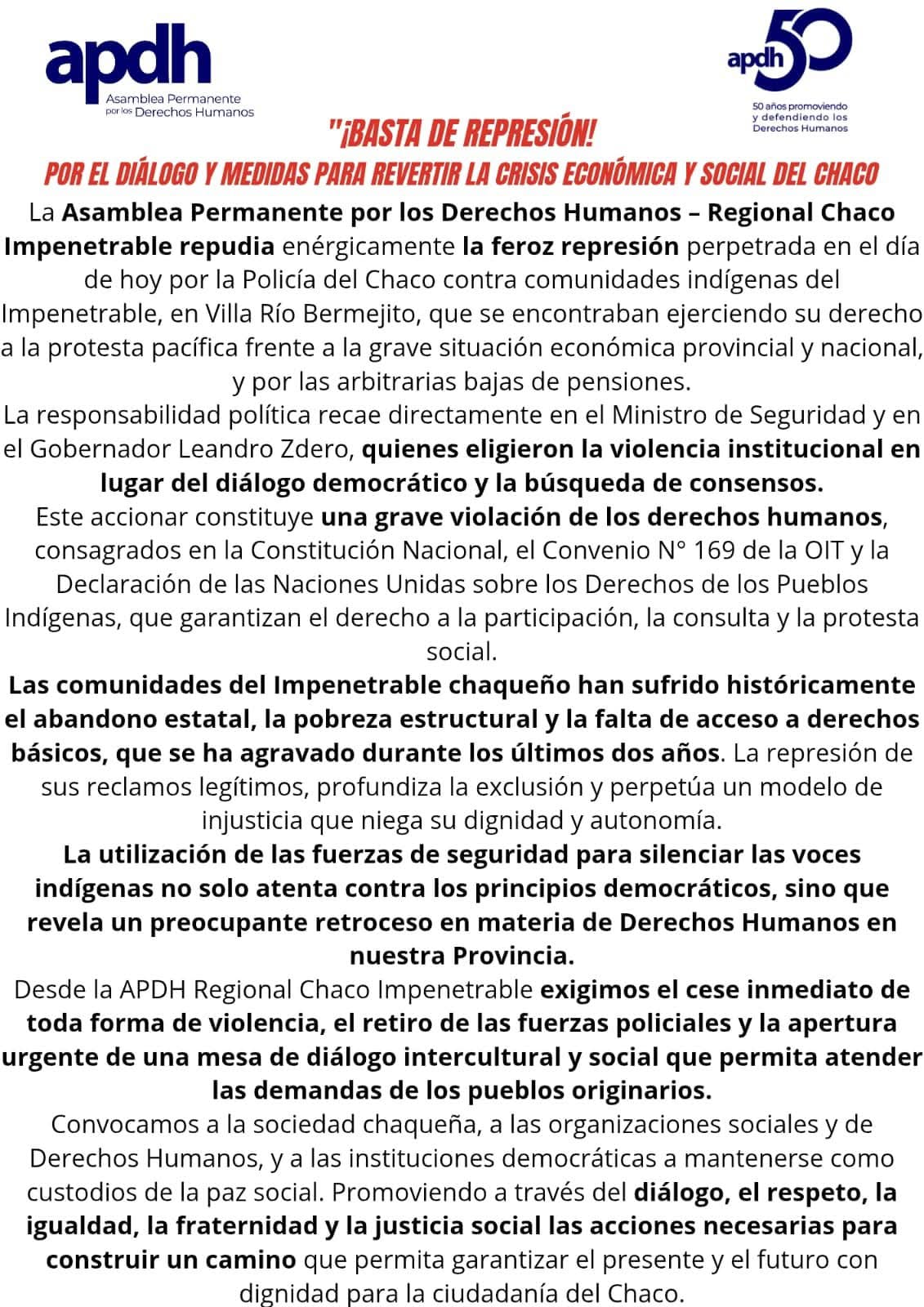 ENÉRGICO REPUDIO DE LA APDH A LA REPRESIÓN POLICIAL EN VILLA RÍO BERMEJITO. .