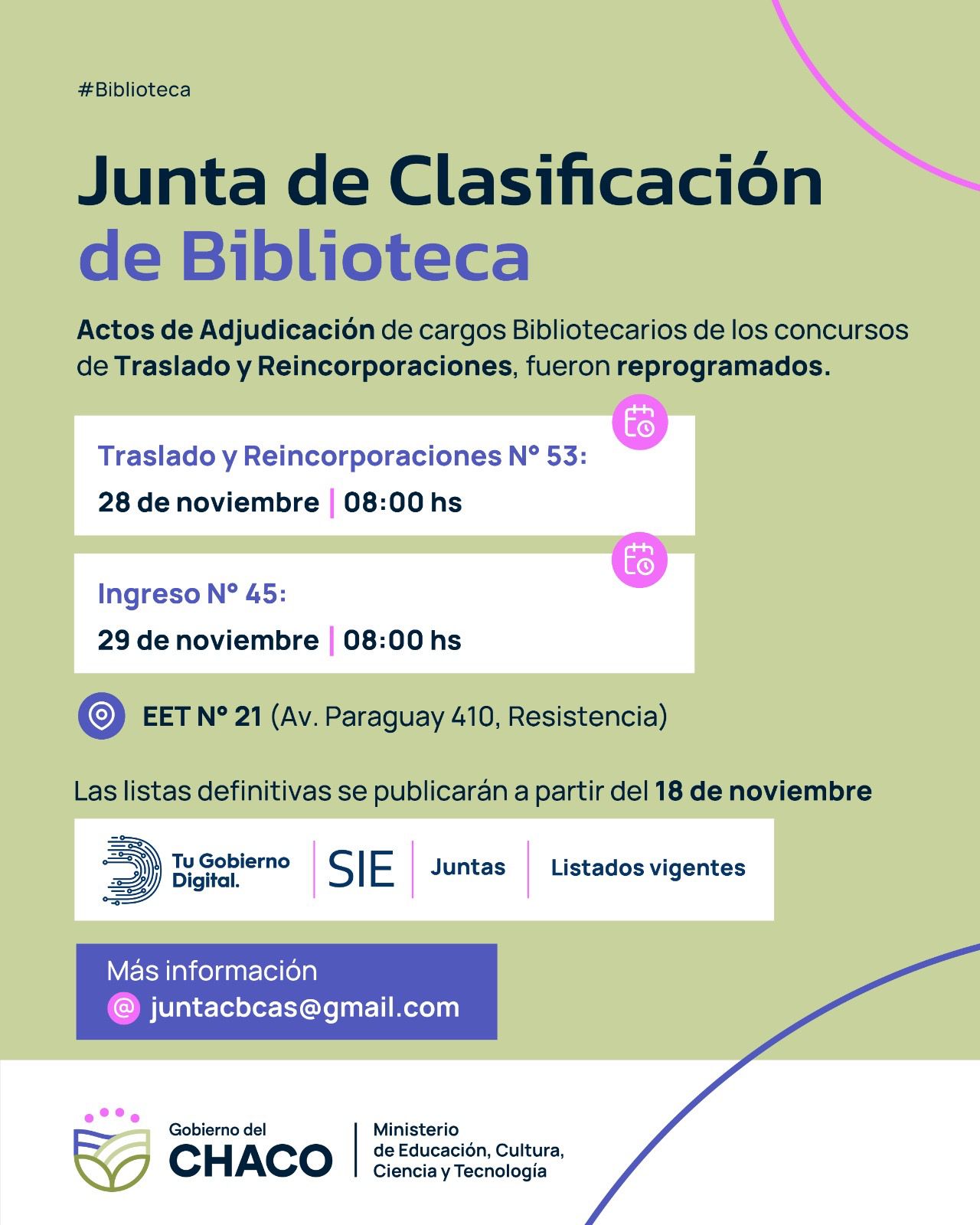 BIBLIOTECARIOS: NUEVAS FECHAS PARA CONCURSOS DE TRASLADO, REINCORPORACIÓN E INGRESO