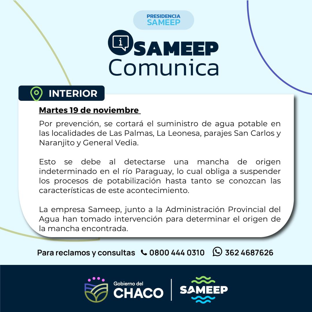 SAMEEP: POR PREVENCIÓN SE CORTARÁ EL SUMINISTRO DE AGUA POTABLE A LAS LOCALIDADES ABASTECIDAS POR LA PLANTA DE LAS PALMAS