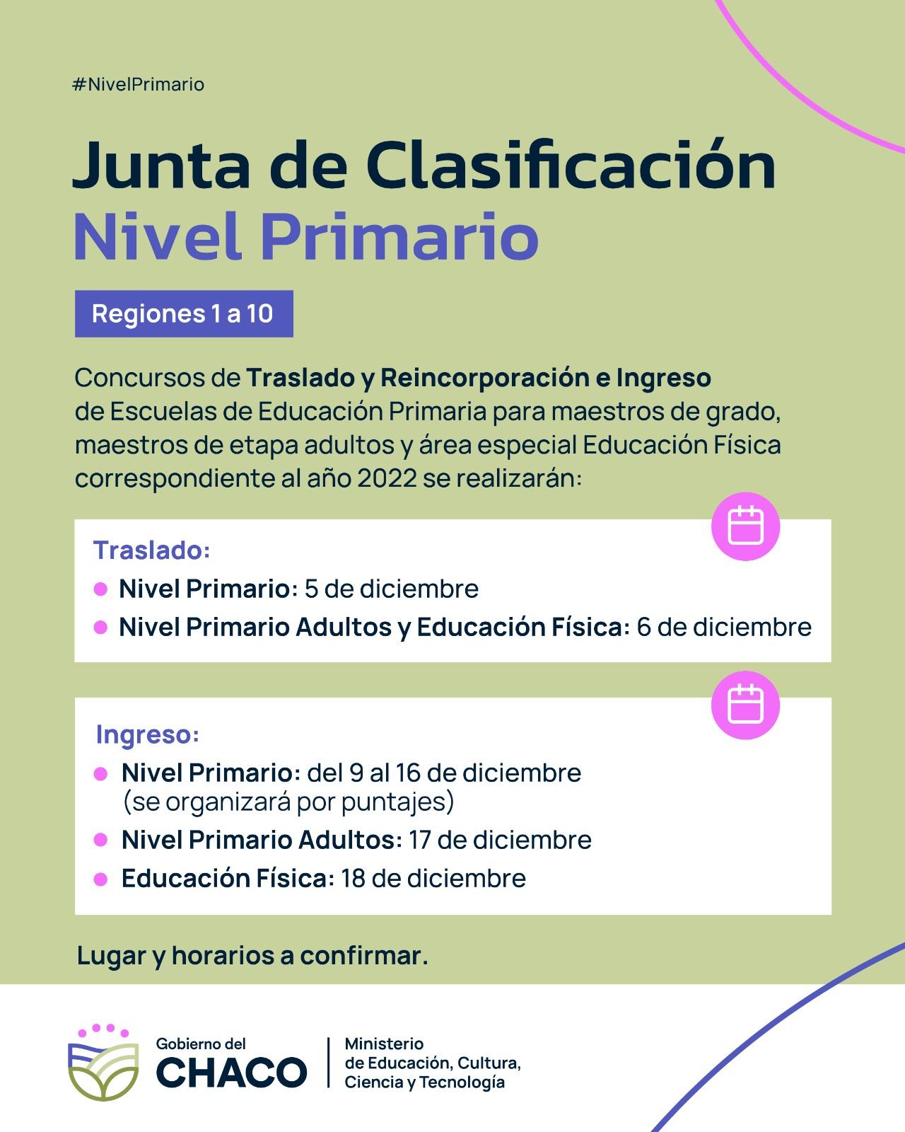 NIVEL PRIMARIO: FECHAS CONFIRMADAS PARA CONCURSOS DE TRASLADO Y REINCORPORACIÓN E INGRESO