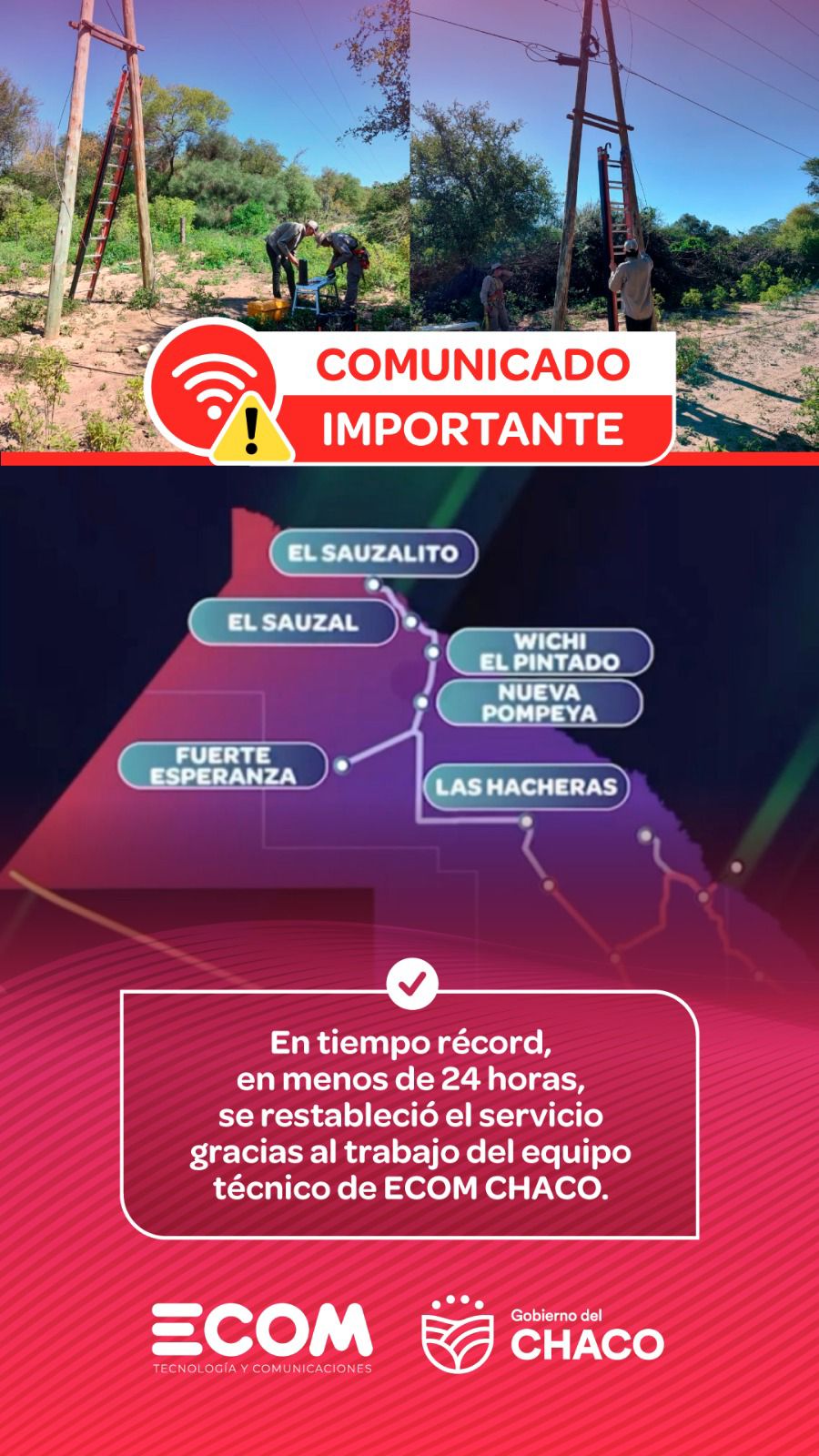 SOLUCION INMEDIATA POR PARTE DE ECOM AL CORTE DE FIBRA EN EL  IMPENETRABLE