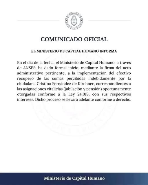 ANSES ANUNCIÓ EL RECUPERO DE LAS JUBILACIONES Y PENSIONES COBRADAS POR CRISTINA FERNÁNDEZ DE KIRCHNER