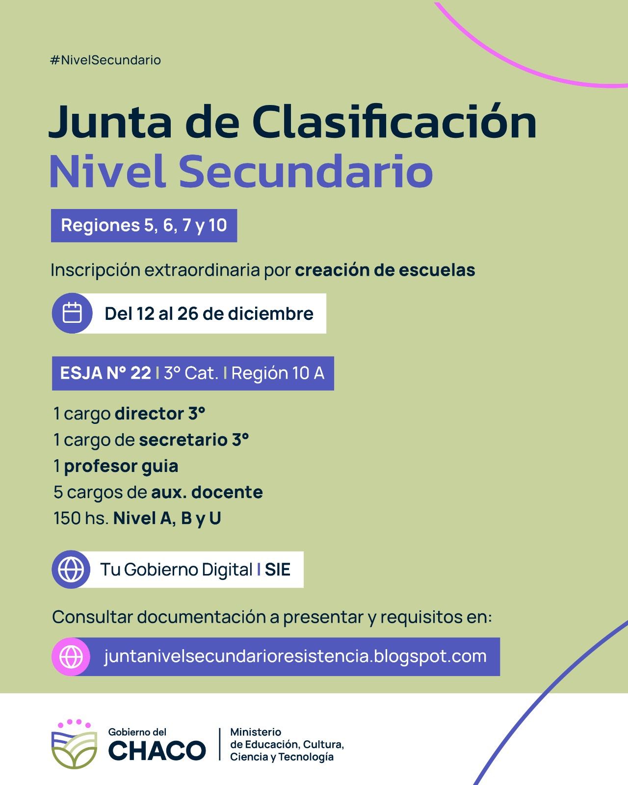 JUNTA DE CLASIFICACIÓN NIVEL SECUNDARIO: ABRE INSCRIPCIÓN EXTRAORDINARIA POR CREACIÓN DE ESCUELAS