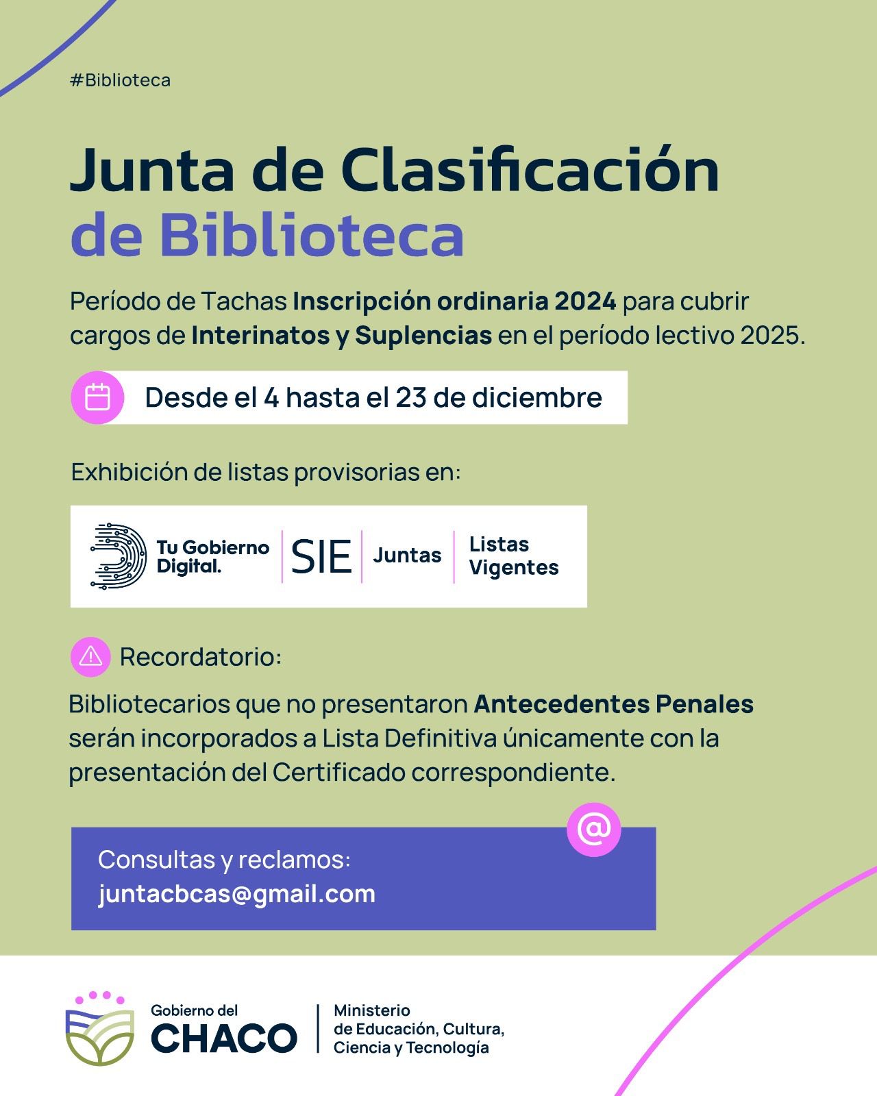 ATENCIÓN BIBLIOTECARIOS: ABRE PERIODO DE TACHAS PARA INTERINATOS Y SUPLENCIAS